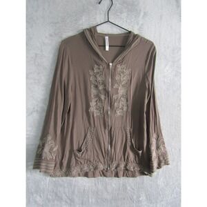 Monotrend Embroidered Zip Up Hoodie Lightweight Boho Brown Size L
